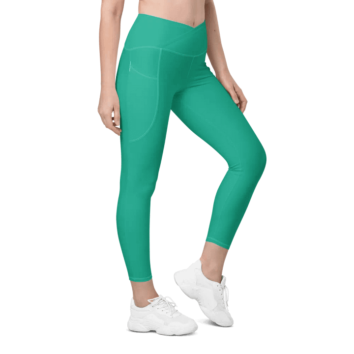 Plain Medium Sea Green Light Summer Women's High Waisted Premium Crossover Leggings with Pockets by Treasure Pie product image (1)