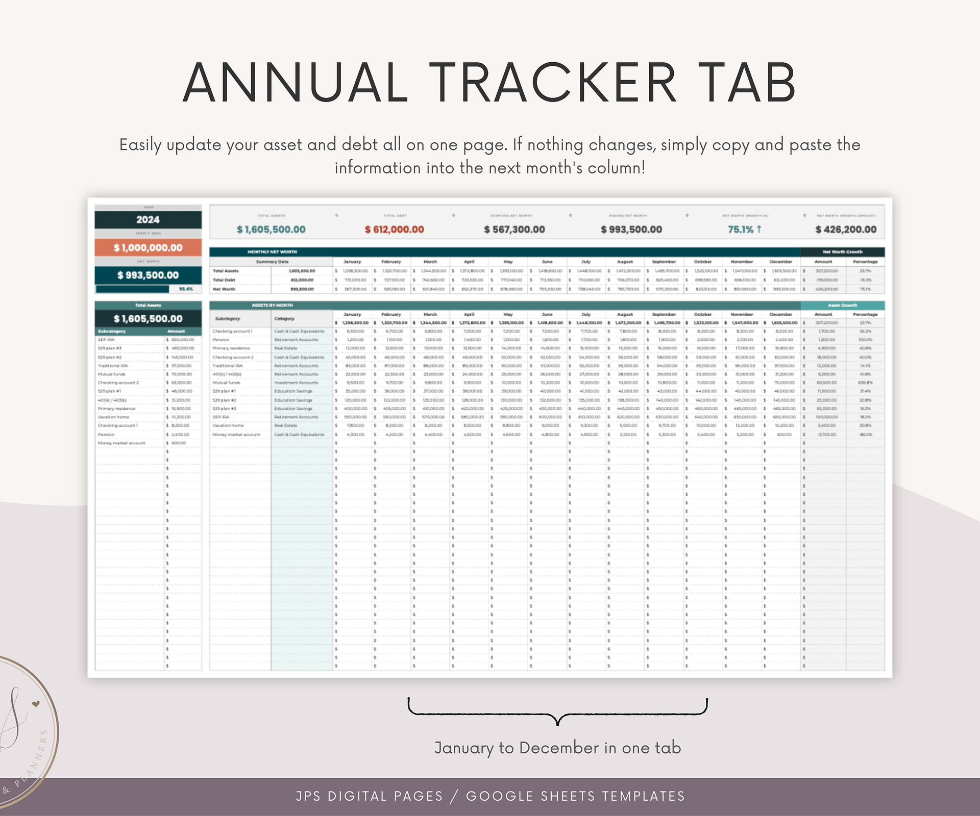 Net Worth Tracker Template, Multi-Year Dashboard Spreadsheet, Google Sheets Template, Net Worth Yearly Calculator, Investment Tracker product image (5)
