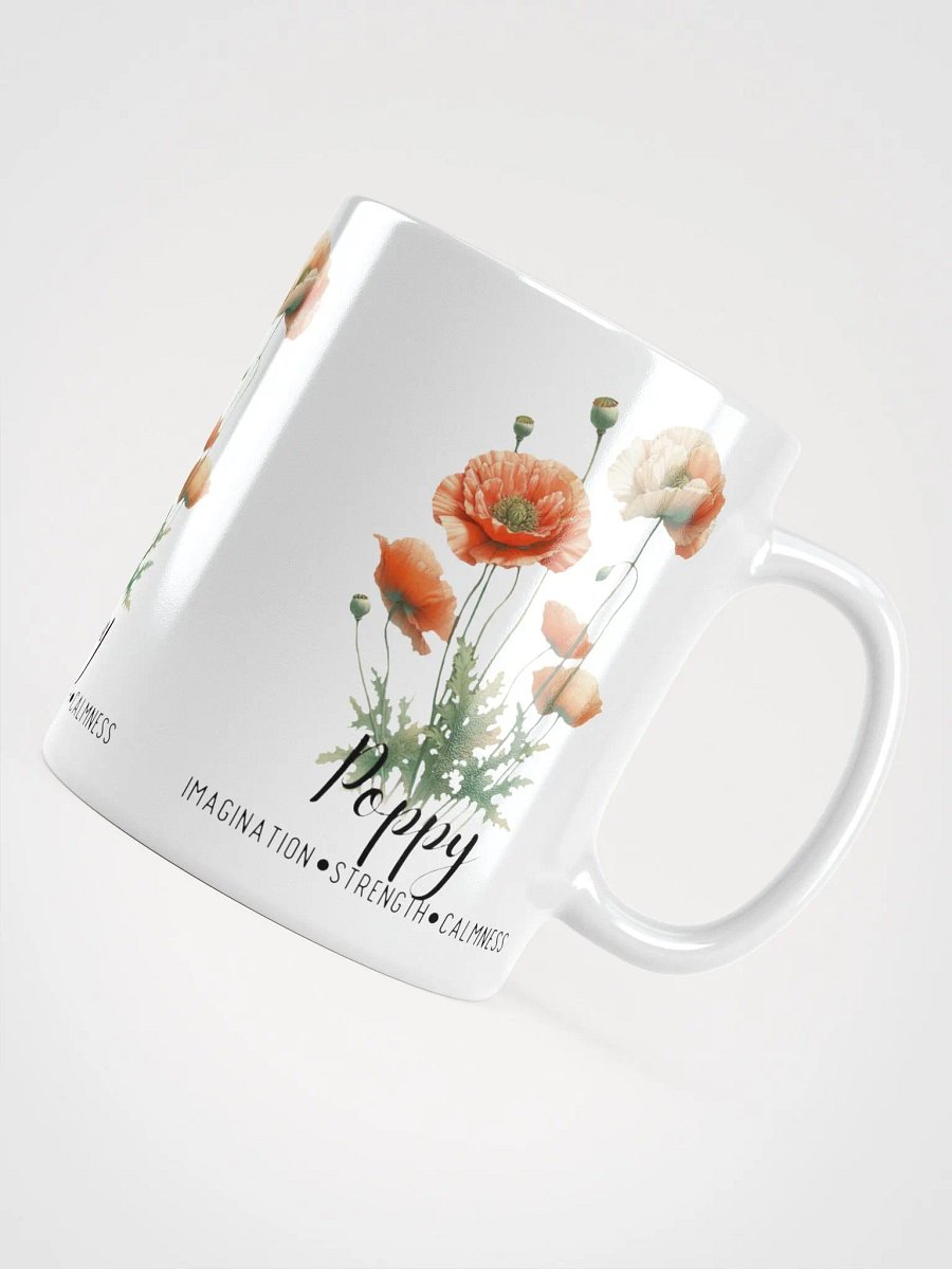 Poppy Ceramic White Mug: Imagination, Strength, Calmness August Birth Month Flower product image (6)