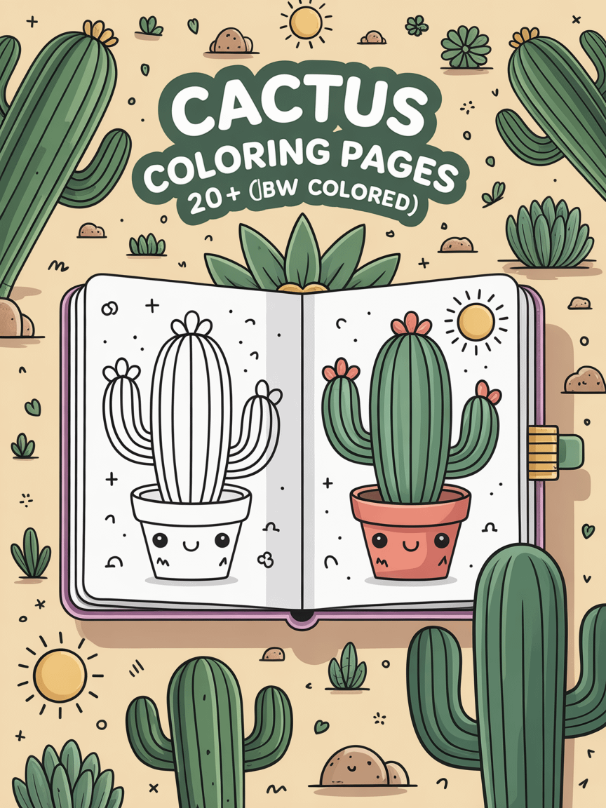 Cute Cactus Coloring Pages | 20+ Desert Plant Designs | Black & White + Colored Reference Pack product image (1)