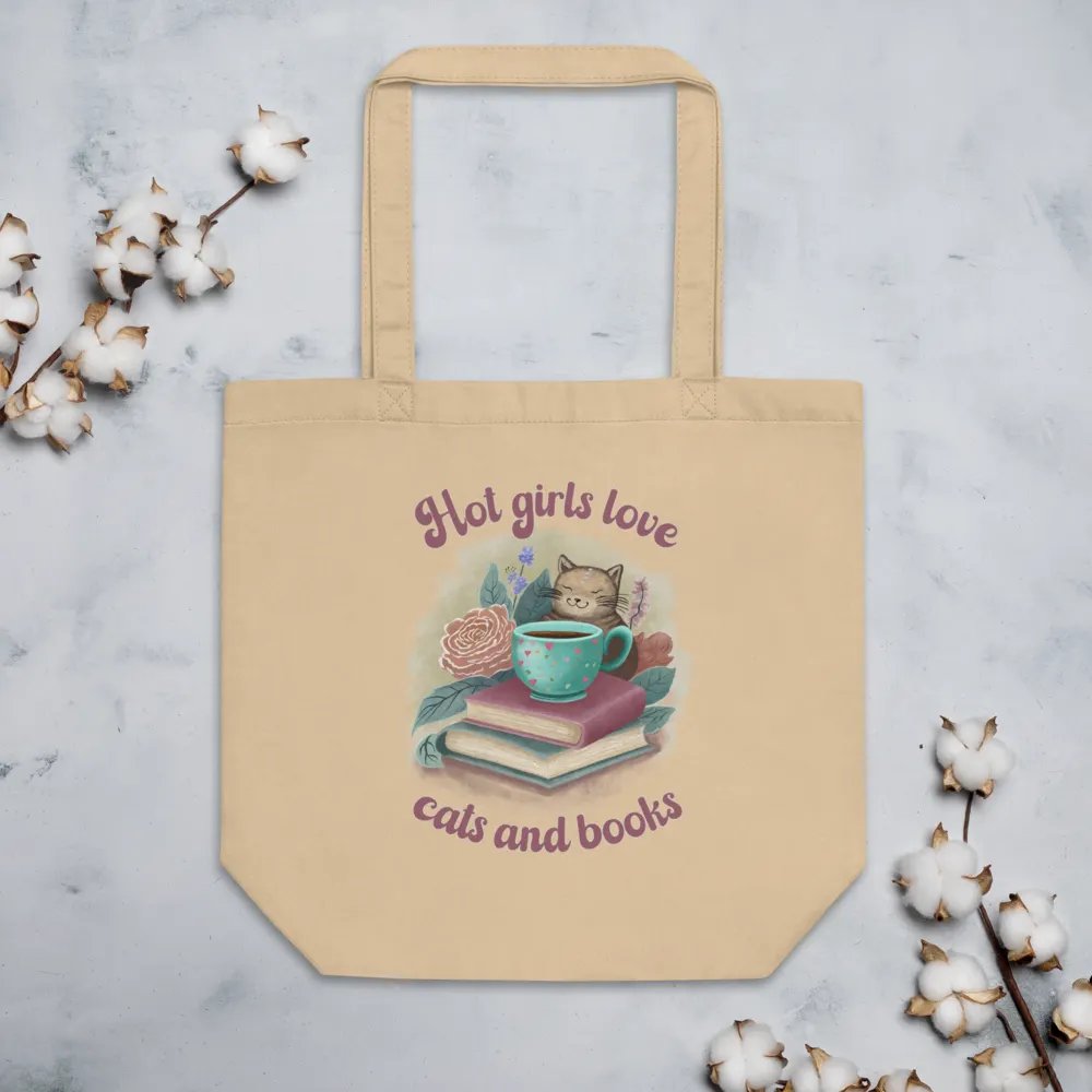 Hand-drawn cat floral canvas tote bag, Gift for a book lover - Hot Girls Love Cats and Books product image (5)