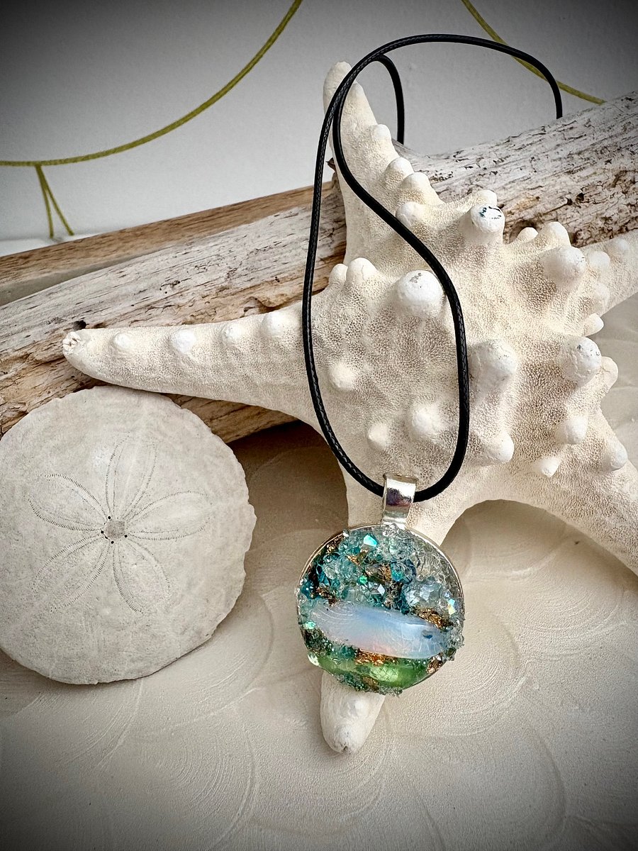 Mixed Metal Horizon Sea Glass Pendant Necklace | Handmade Bead & Sea Glass Art | Coastal Charm Jewelry by Monique Faella Designs™ | MFD-00228 product image (3)