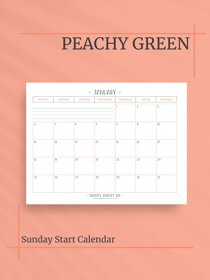 Peachy Green 2026 Calendar - Single Page per Month, Sunday Start, Letter Size product image (1)