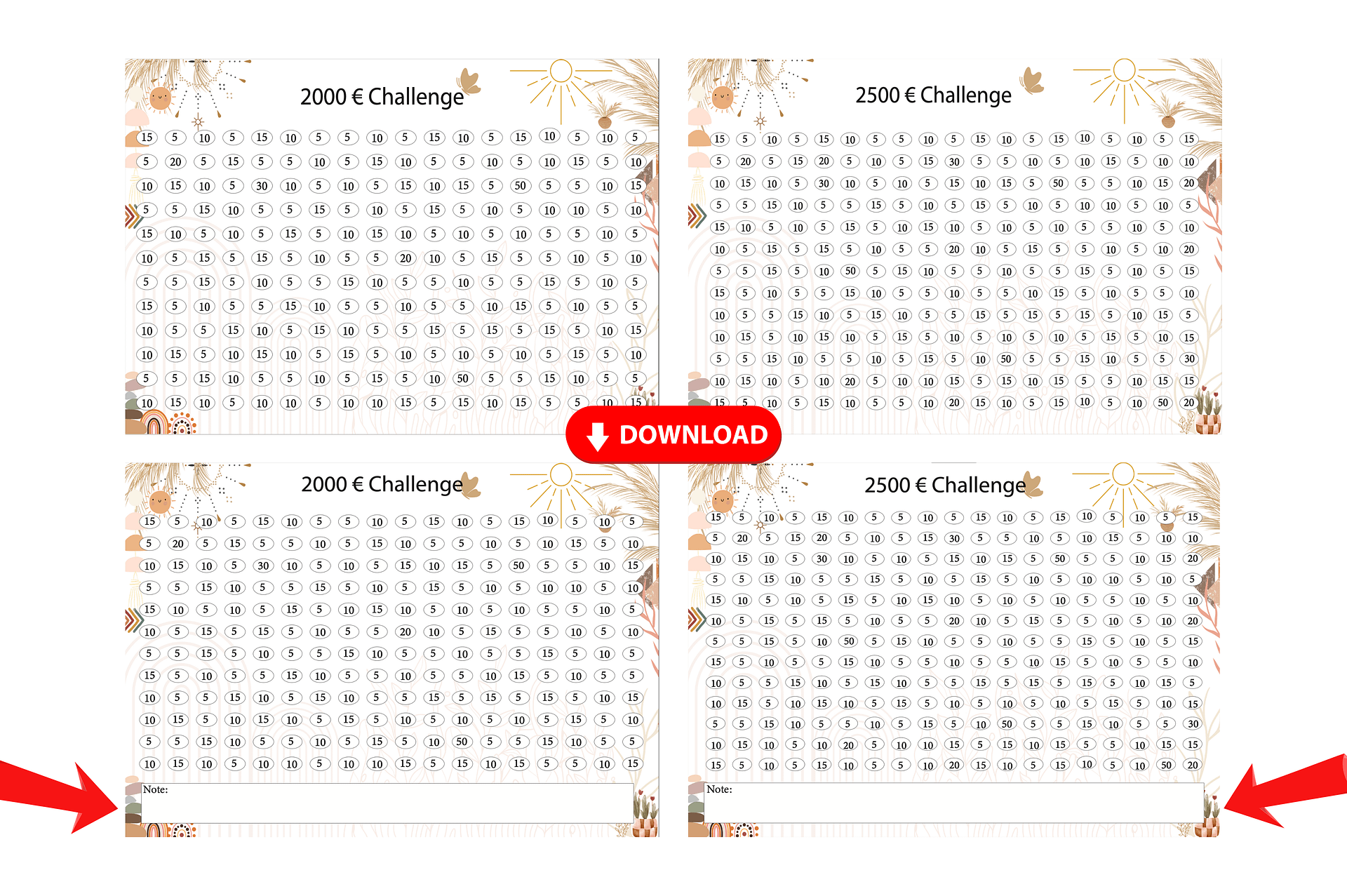 2000 Euro Challenge, 2500 Euro Challenge, Sparhilfe, Bundle, Sofortdruck, Sparchallenge Instant Download Set, A4, A5 Planer Einlagen, Sparen product image (3)