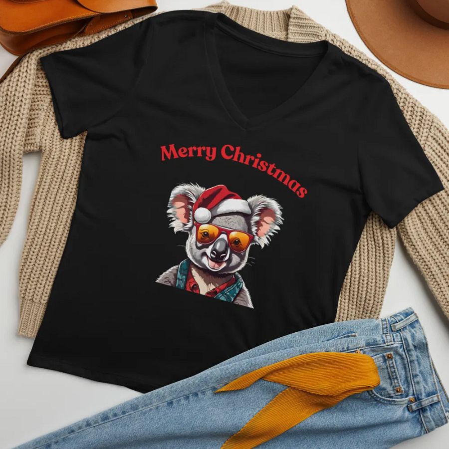 Santa Koala Women's Relaxed V-Neck T-Shirt - Red product image (7)