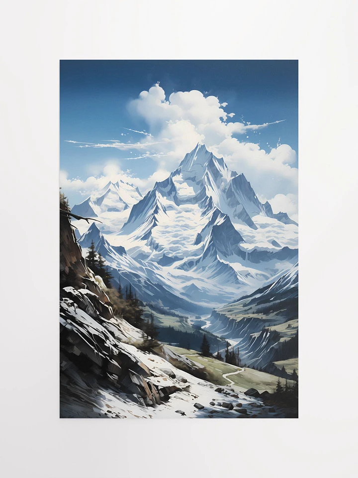 Snow-Clad Mountain Peaks with Cloudy Blue Sky Matte Poster product image (2)