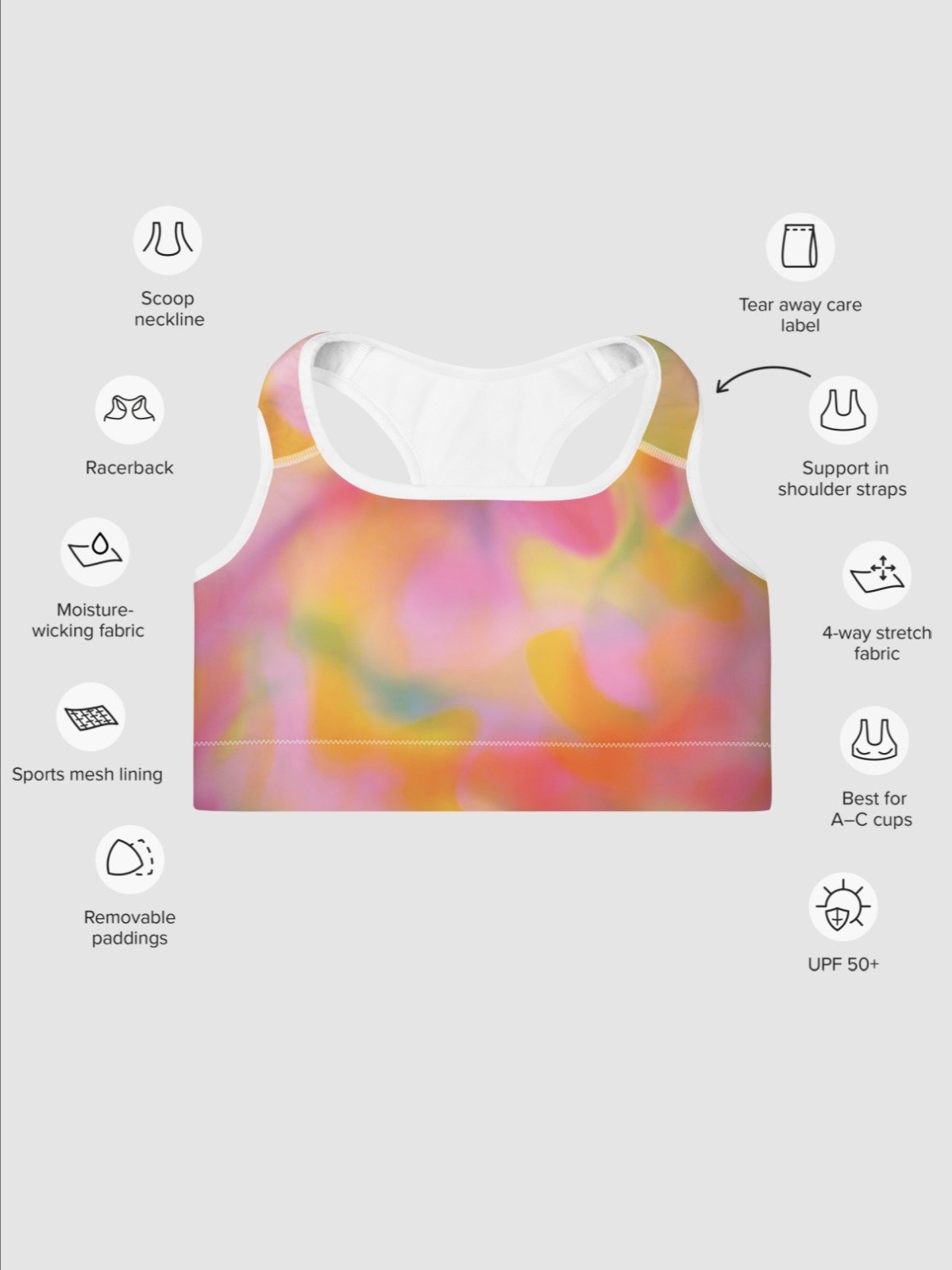 Sport Bra "Sweet Pastel Tie Dye in Orange Light Pink" product image (4)
