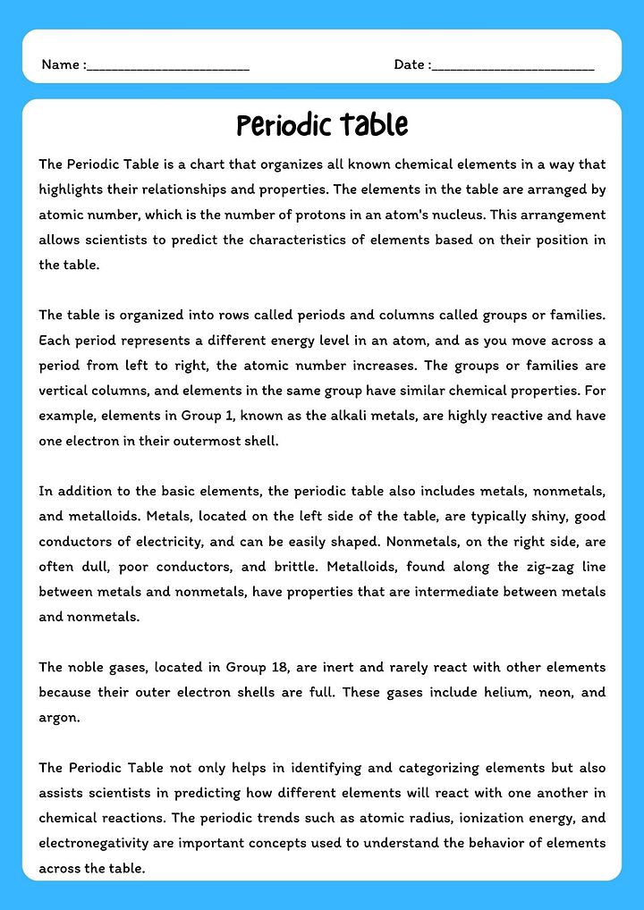 Periodic Table Reading Passage with Comprehension Questions product image (1)