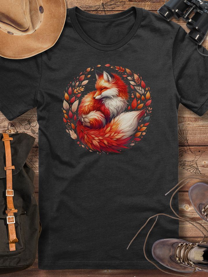 Cozy Fox Wreath T-Shirt, Autumn Leaves Fox Design, Woodland Animal Tee, Nature Lover Gift, Artistic Wildlife T-Shirt product image (1)