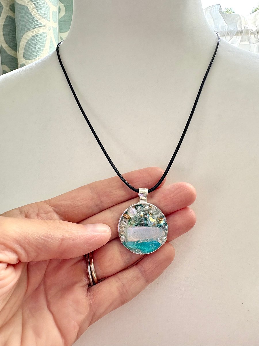 Mixed Metal Horizon Sea Glass Pendant Necklace | Handmade Bead & Sea Glass Art | Coastal Charm Jewelry by Monique Faella Designs™ | MFD-00227 product image (4)