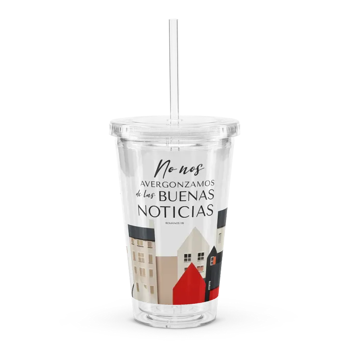 'No Nos Avergonzamos de las Buenas Noticias' Whimsical Town Spanish Tumbler product image (1)