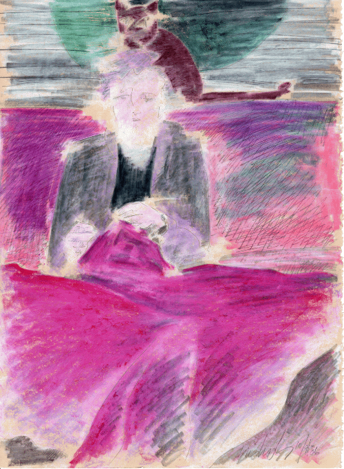 Woman sewing with cat 10.9.86 print product image (1)