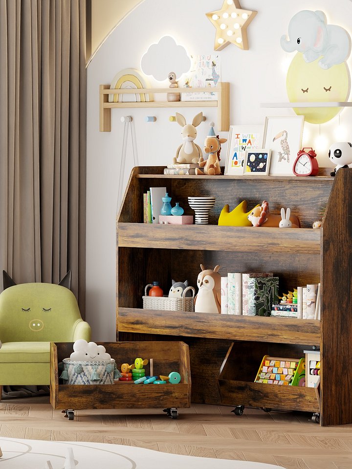 3-Tier Portable Toy Storage, Kids Toy Organizer W/2 Removable Bins with 4 Wheels（Brown) product image (1)