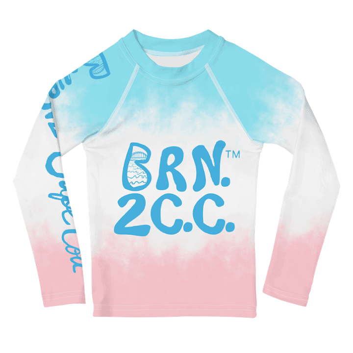 Boys' | Little KIDS | Rash Guard | BRN.2C.C.™ Front Print | BOURNE to Cape Cod™ Back & Sleeve Logo | Coastal UV Shirt for Active Kids | Slim Fit Swim Top | Blue Logo on Patriotic Pastels product image (1)