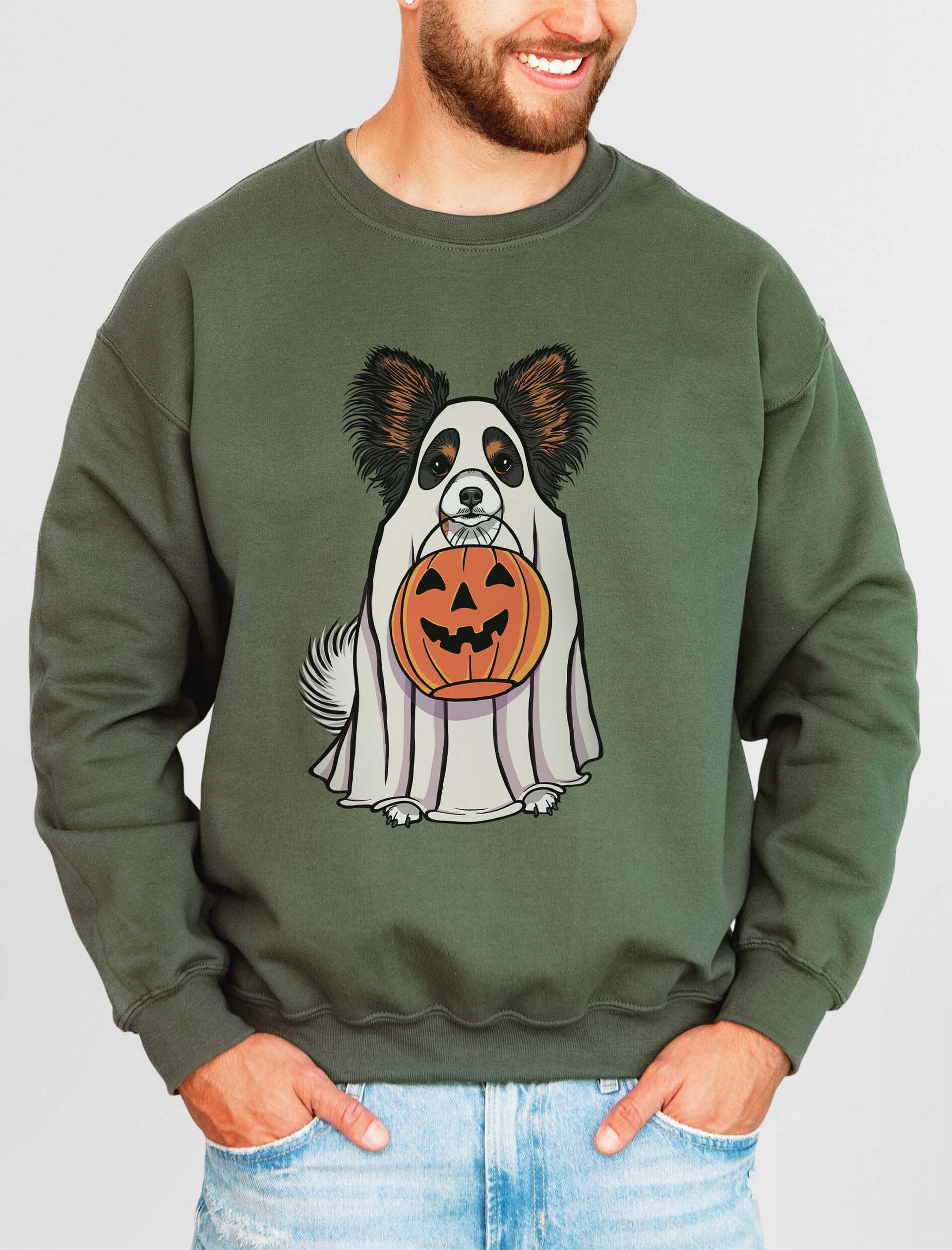 Funny Halloween Papillon(Tricolor) Sweatshirt | Funny Papillon Wearing a Ghost Costume and Holding a Pumpkin Basket product image (2)