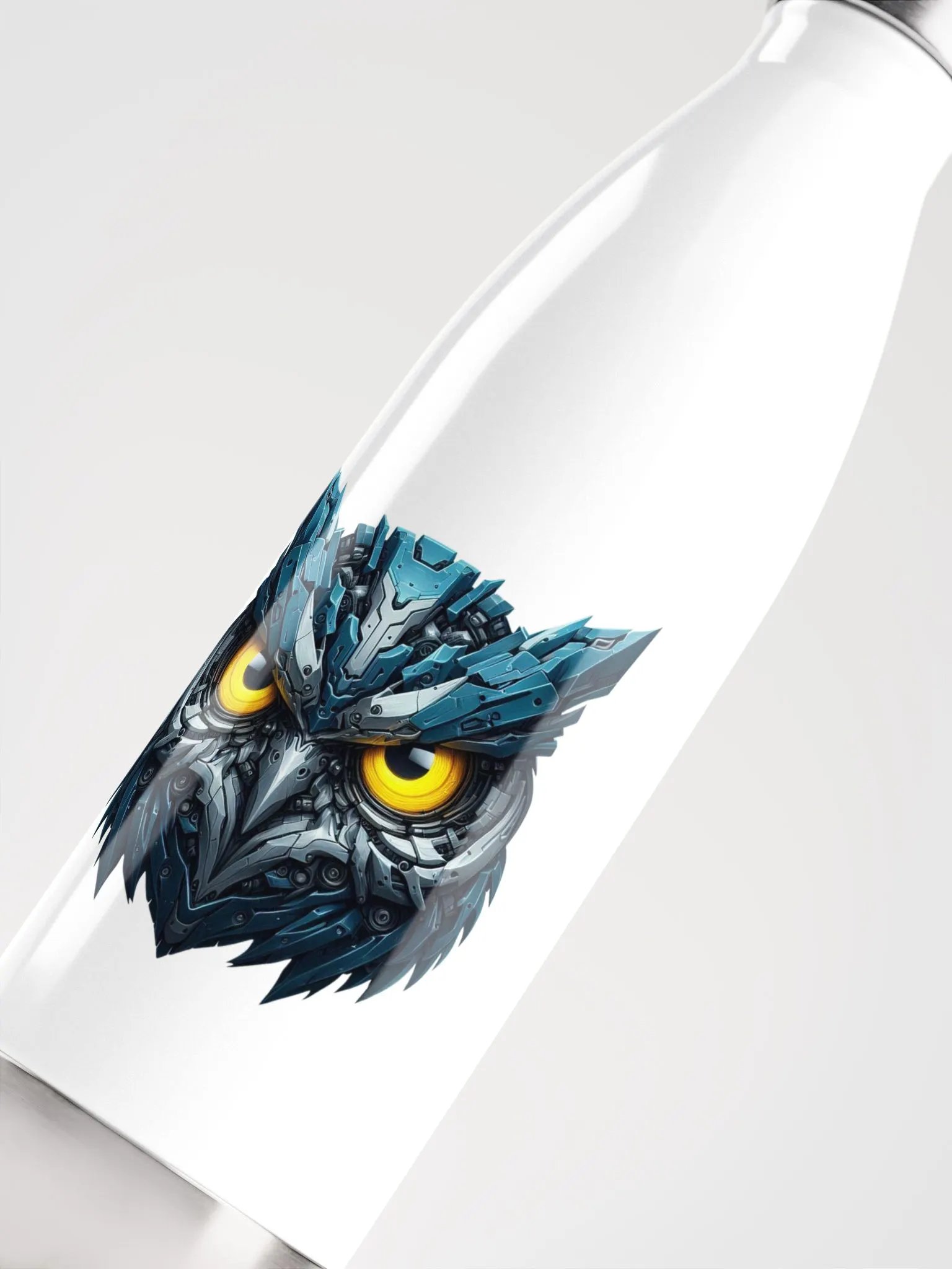 White Stainless Steel Water Bottle with Blue Iron Owl Robot Design product image (5)