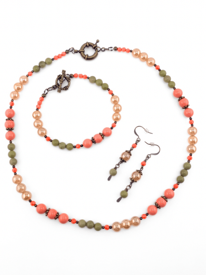 Glass Beaded Single Strand Necklace Set - Peach, Green product image (2)