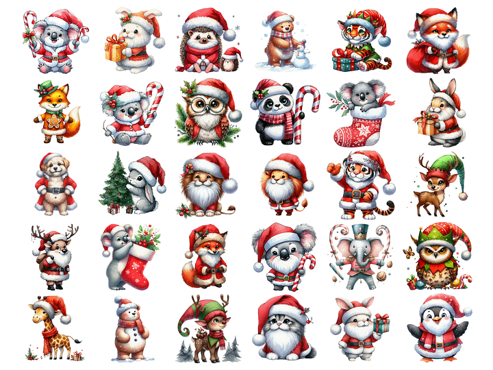 Watercolor Animals in Christmas Santa Claus Costumes PNG, Cute  Christmas Clipart, PNG Download, Christmas PNG Bundle product image (2)