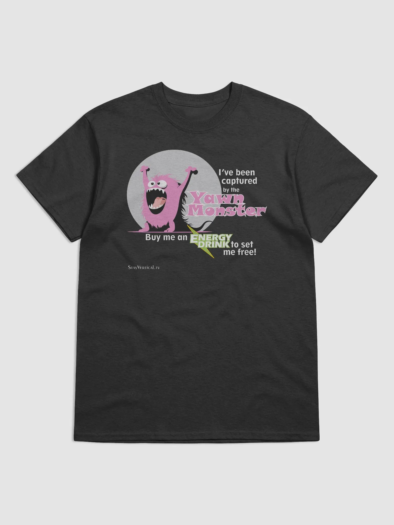Pink Yawn Monster Buy Me a Energy Drink dark t-shirt product image (1)