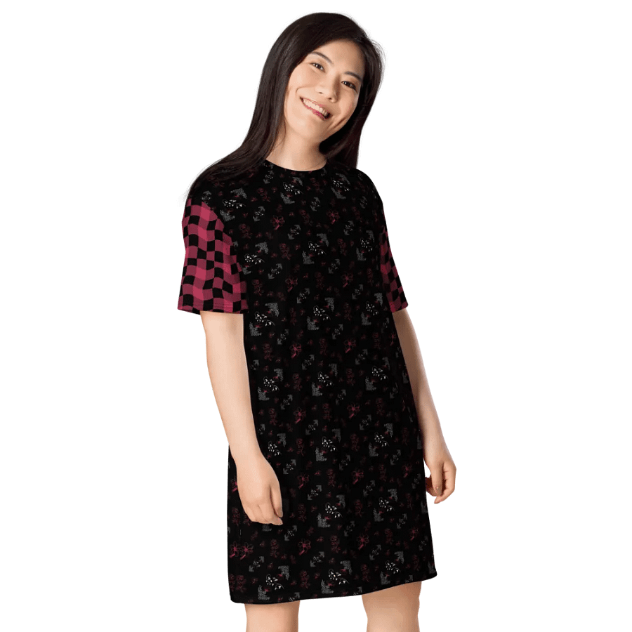 Magenta and White Flowers on Black with Warped Checkered Sleeves Women's T-Shirt Dress product image (3)