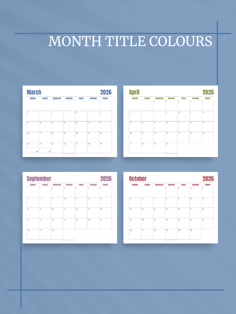 Jewel Tone Quarters 2026 Calendar - Single Page per Month, Monday Start, Letter Size product image (3)