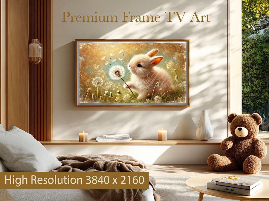 Samsung Frame TV Art, Neutral Spring Easter Bunny Dandelion Painting, Digital Download product image (2)