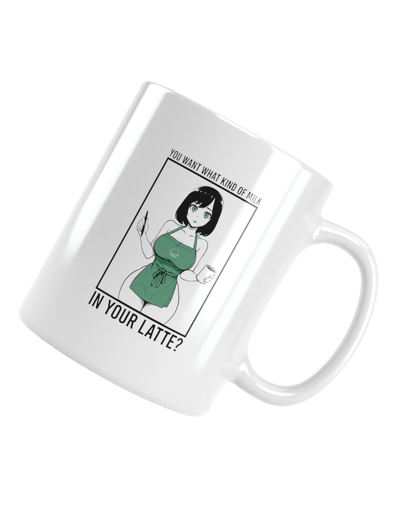 Latte Whisperer: Anime Barista Mug with Green Apron Charm, You Want What Kind Of Milk in Your Latte? product image (5)