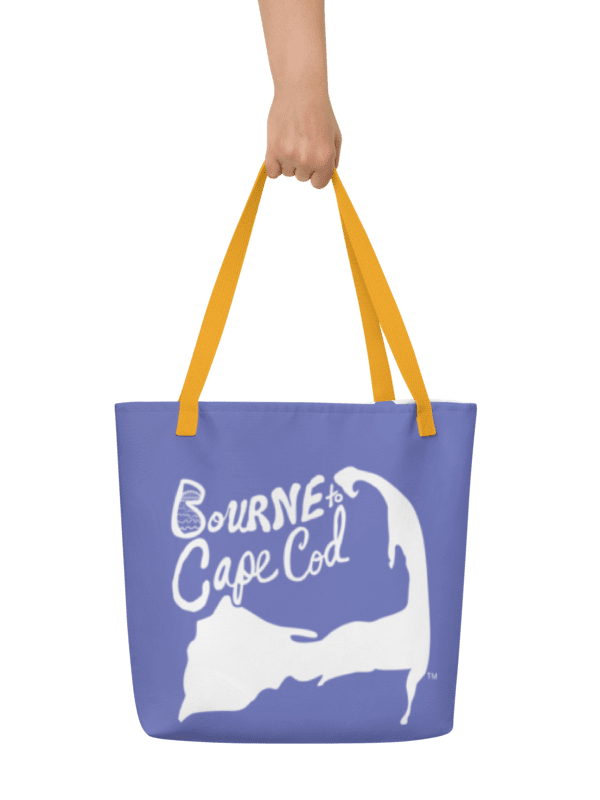BOURNE to Cape Cod™ | Large Tote Bag with Pocket | Coastal Classic | All-Over Logo Print | White Logo on Slate Blue product image (1)