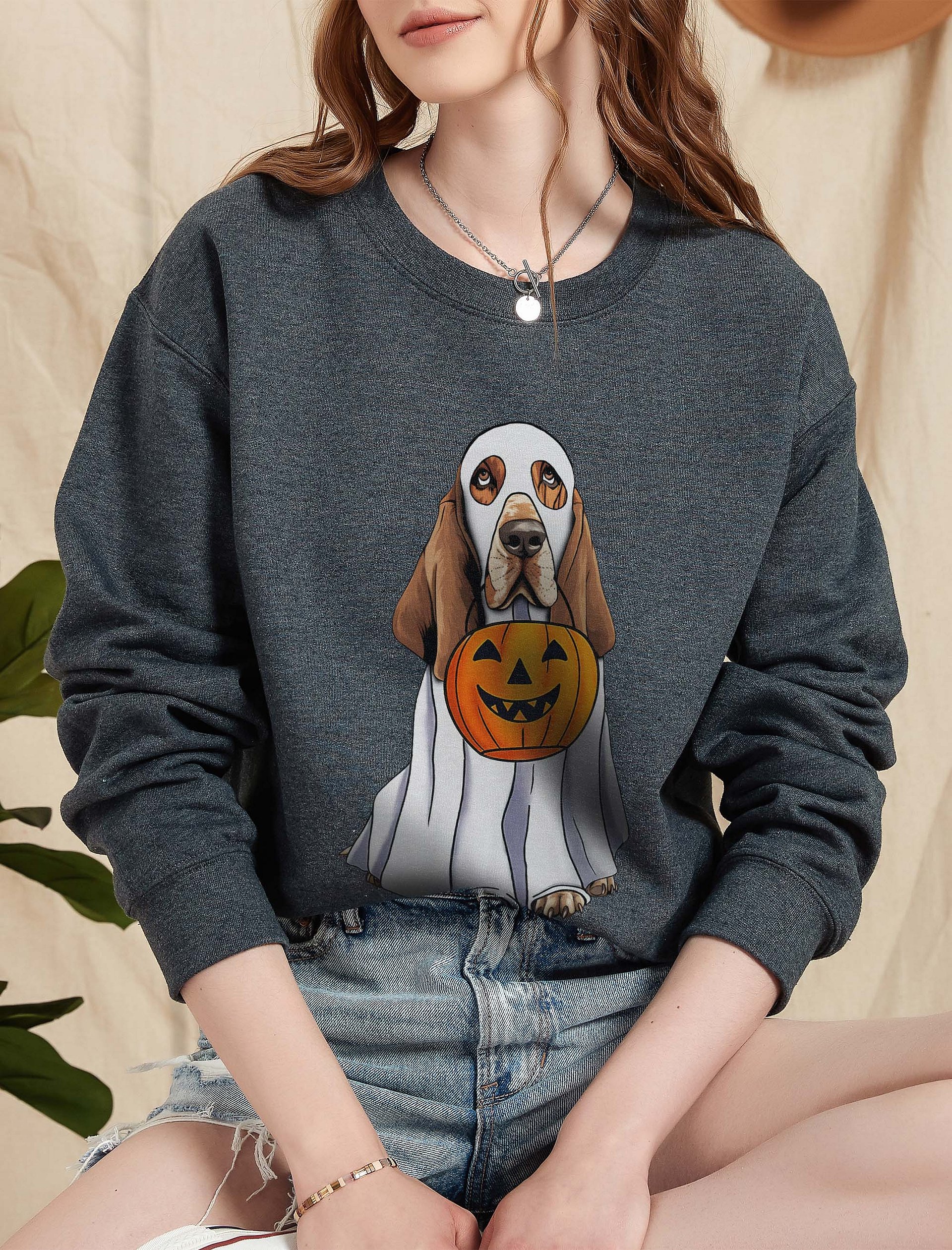 Basset Hound Halloween Sweatshirt | Funny Halloween Basset Hound Wearing Ghost Costume with Pumpkin Basket product image (5)