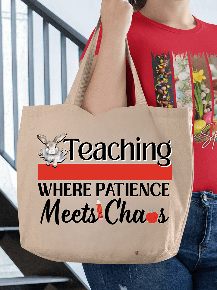 Bunny Teaching Where Patience Meets Chaos, Teacher Eco Tote Bag - Cream product image (1)