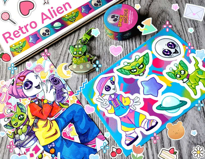 Retro Alien Print, Sticker Sheet, Keychain, and Washi Tape/ April Patreon rewards 2024 product image (1)