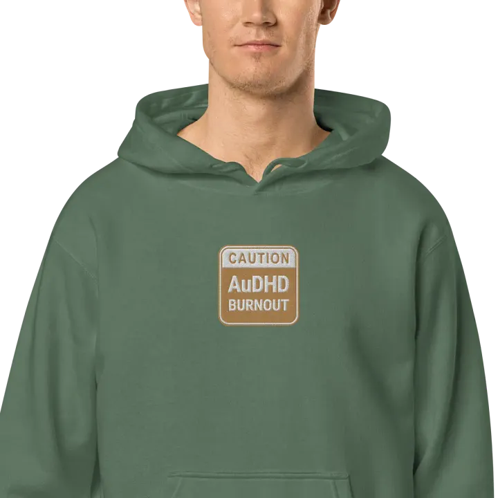 CAUTION: AuDHD BURNOUT embroidered pigment hoodie (brown design) product image (2)