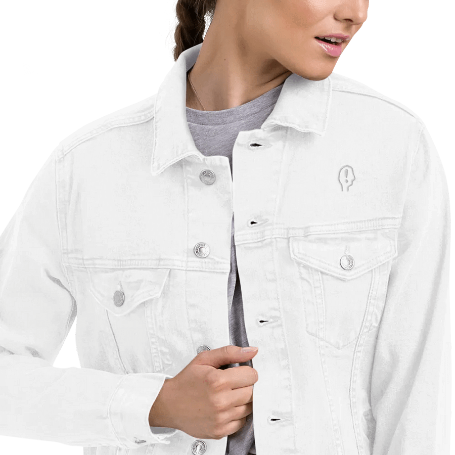EXCLAIMING MENTALLY (white) embroidered denim jacket product image (8)