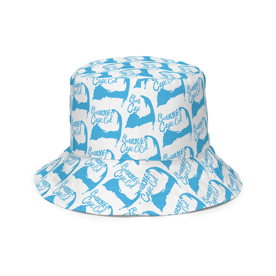 Adults Unisex | Reversible Bucket Hat – BOURNE to Cape Cod™ x BRN.2C.C.™ All-Over Logo Print | Coastal Style Sun Hat | Deep Sky Blue & White product image (6)