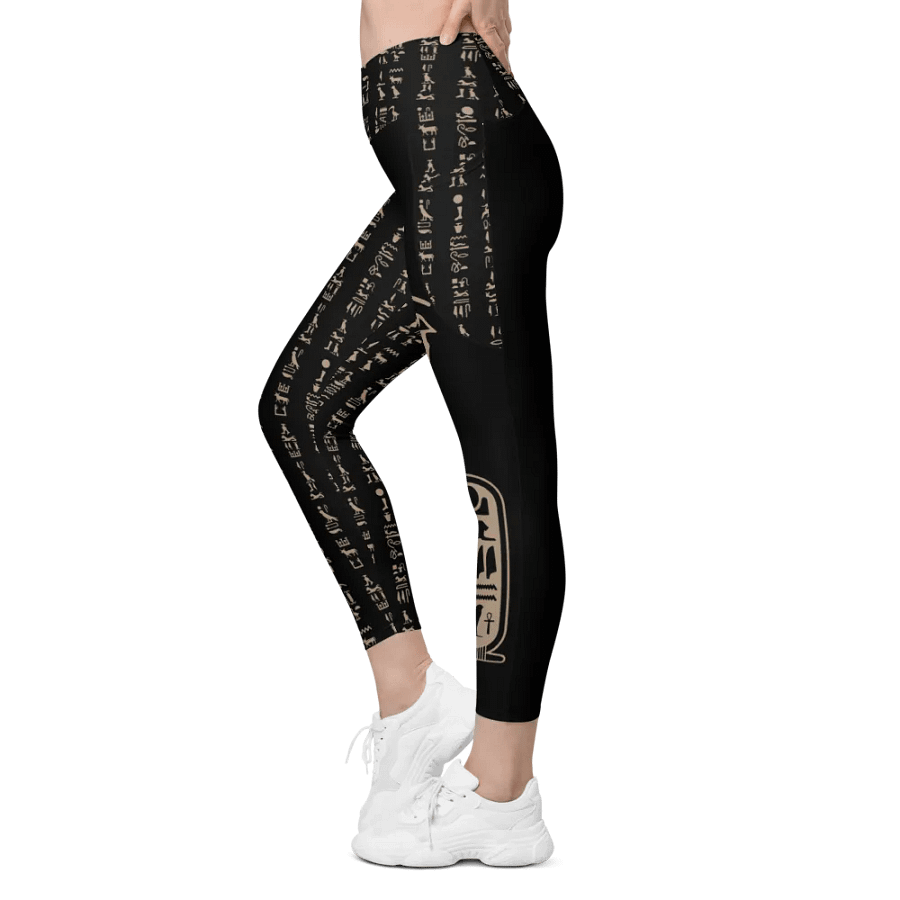 Nefertiti Black Hieroglyphs All-Over Print Crossover Leggings with Pockets product image (3)