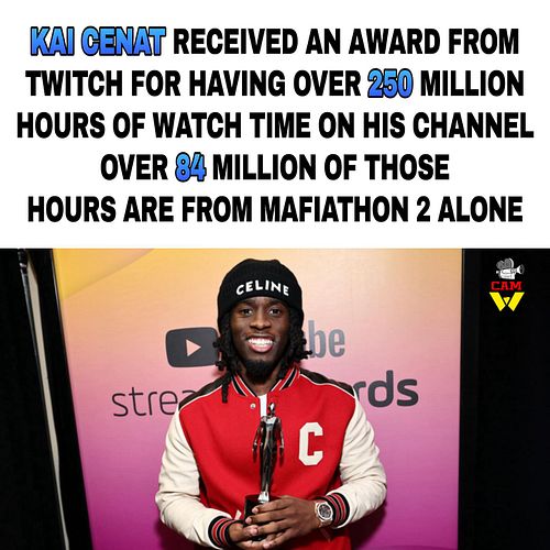 #kaicenat is awarded for having over 250 hours of watch time on #twitch
