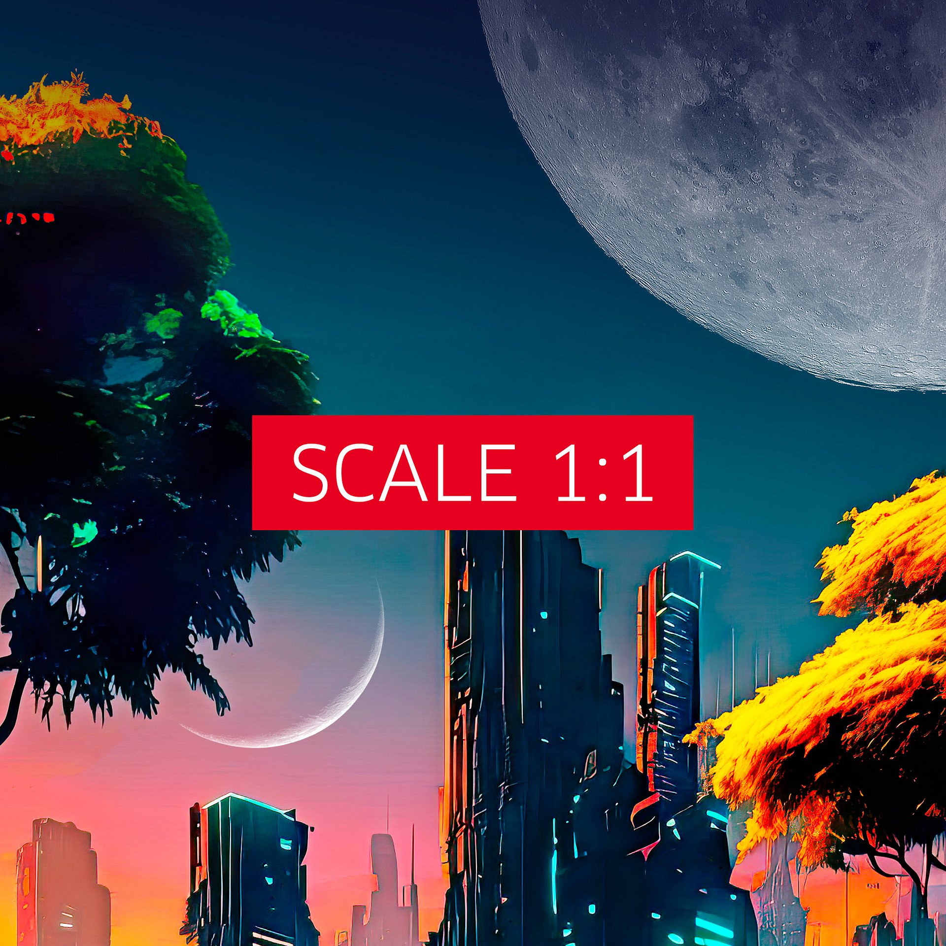 Neon cyberpunk city in a forest with Moons — surreal space collage art, futuristic sci-fi collage product image (5)