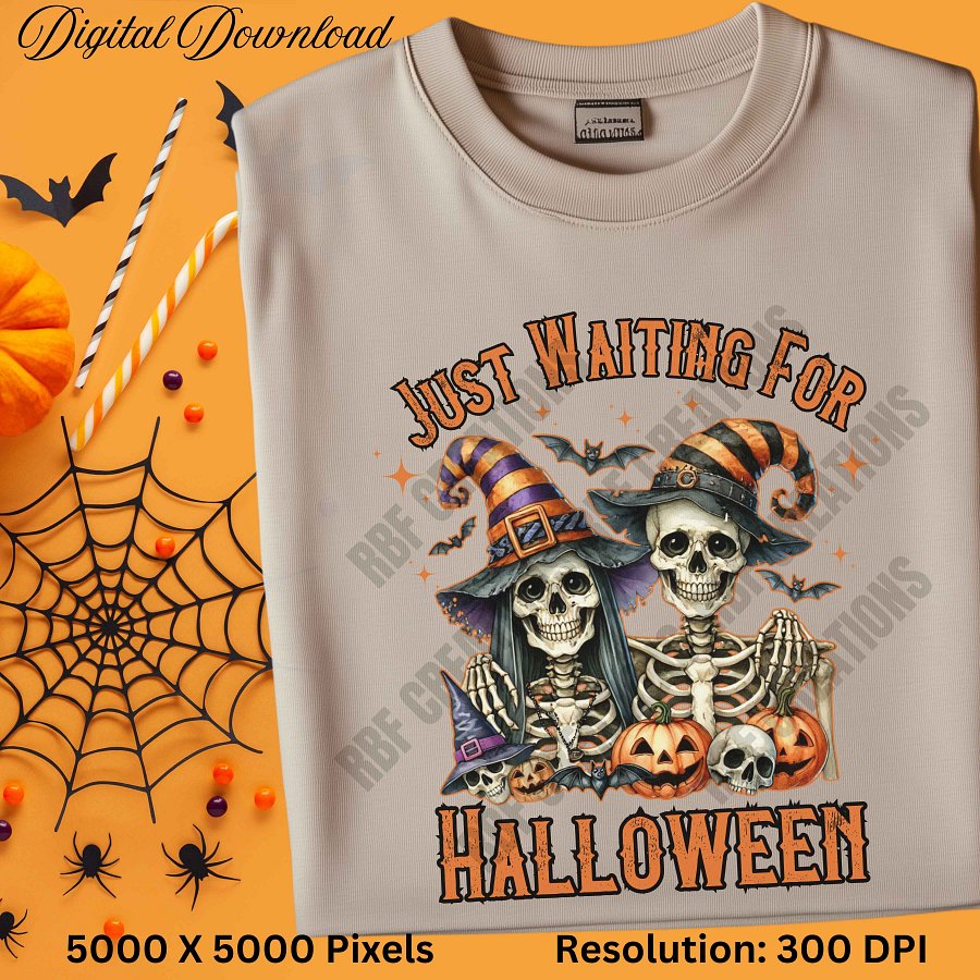 Just Waiting for Halloween PNG, Funny Skeleton Digital Download, Spooky Season Clipart for Sublimation, Halloween Shirt Design product image (2)
