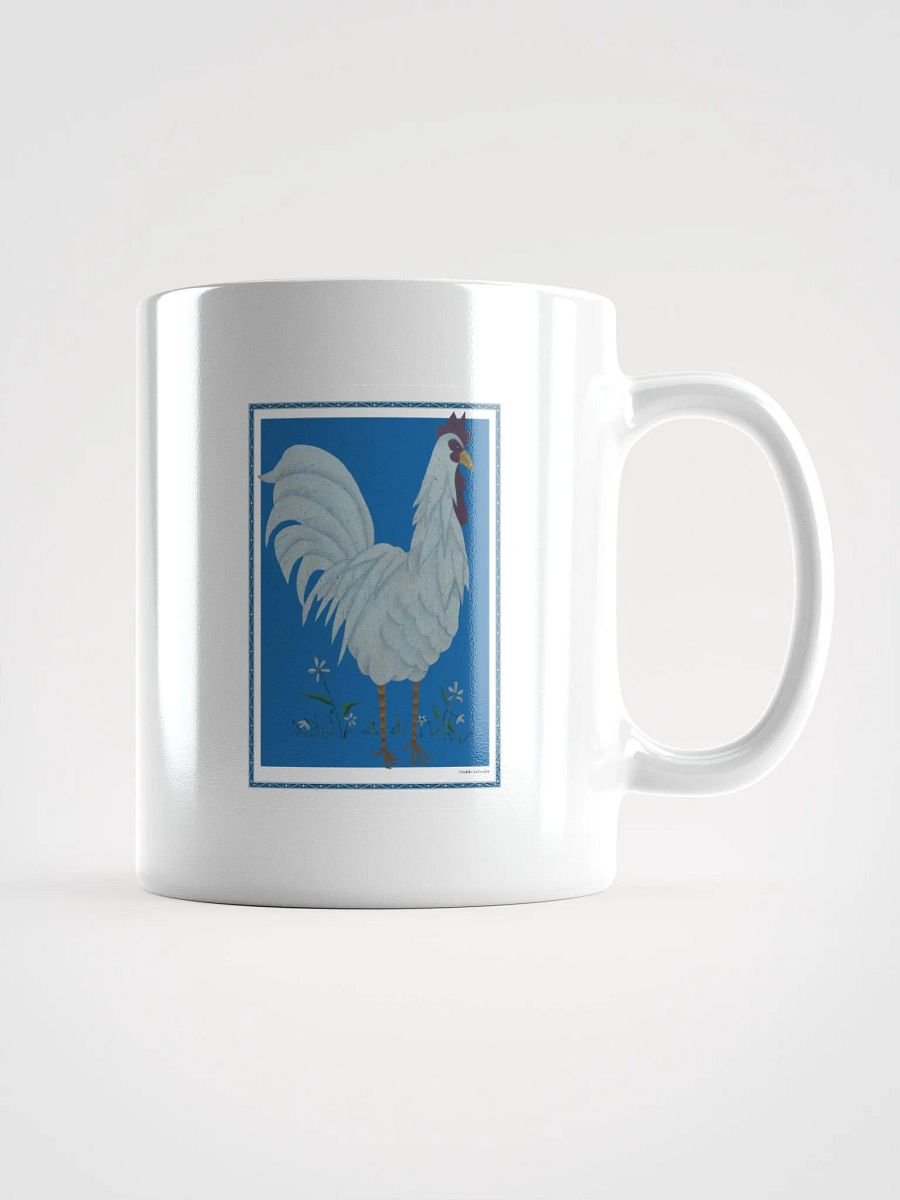 White Glossy Mug with Chicken and blue background product image (1)