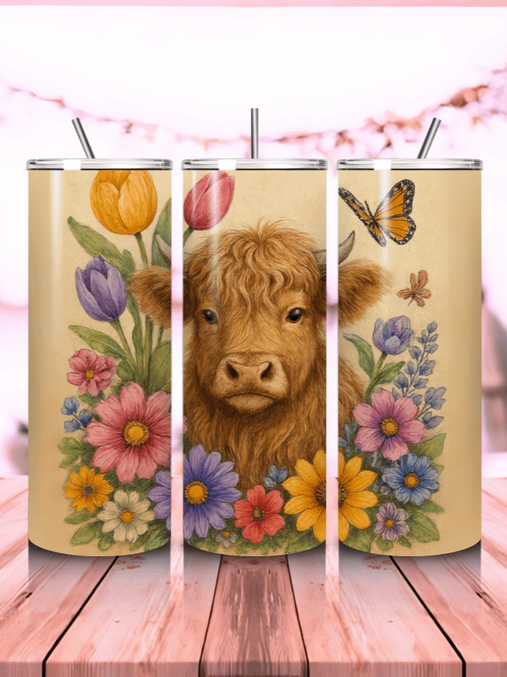 Spring Highland Cow Tumbler Wrap PNG – 20oz Skinny Sublimation Design with Cute Highland Cow & Fresh Spring Floral Accents – Gift for Animal and Spring Lovers – 300 DPI Instant Digital Download product image (1)