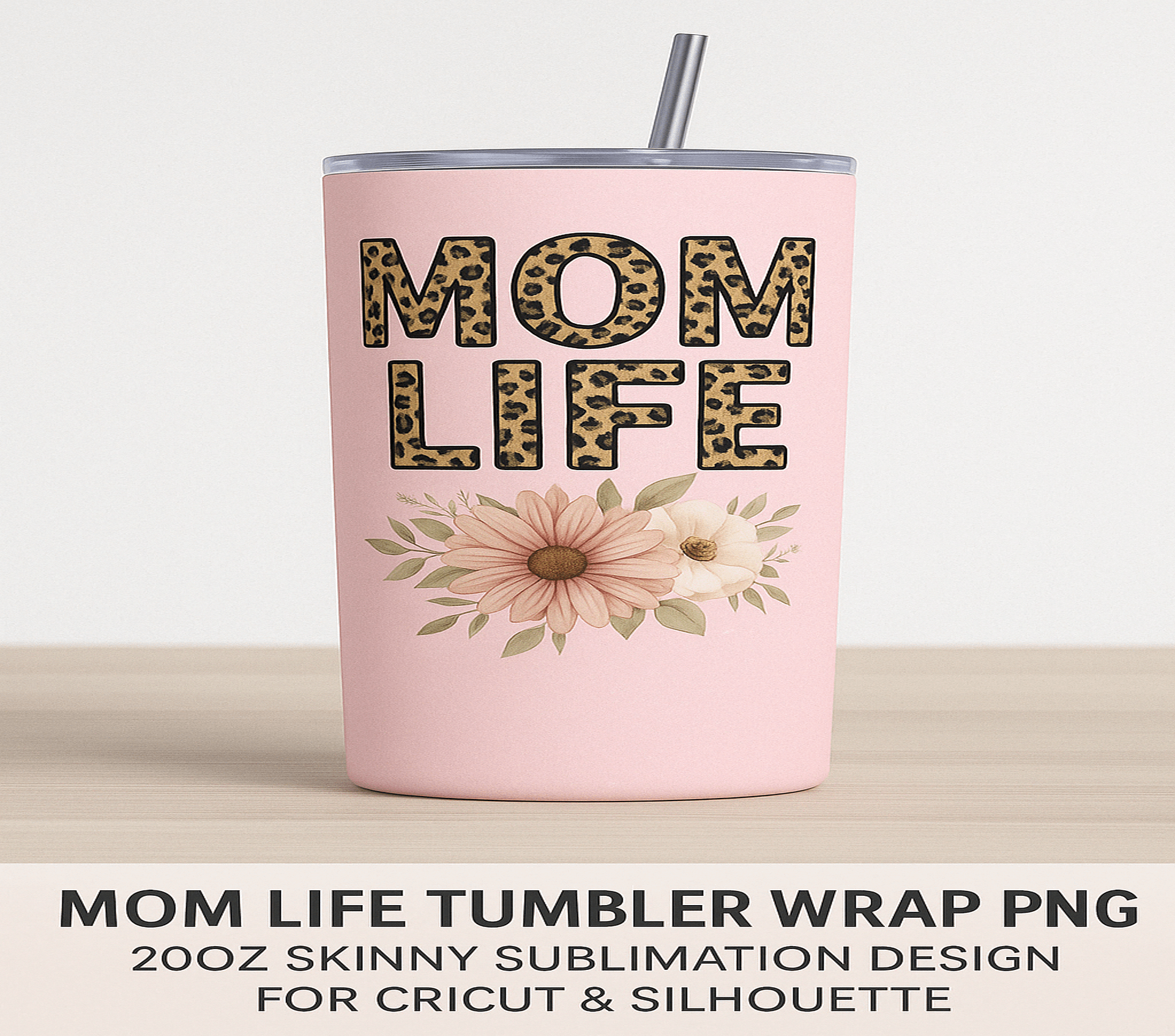 Mom Life 20oz Tumbler Wrap PNG – Leopard Print Pink Floral Design – Sublimation File for Cricut, Silhouette & Digital Download product image (2)