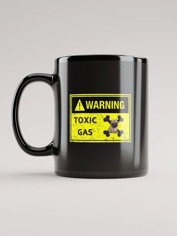 Pug Warning toxic gas, hazardous material label, funny pun, cute joke, smelly dog fart, ambidextrous left-handed right-handed tea coffee mug product image (2)