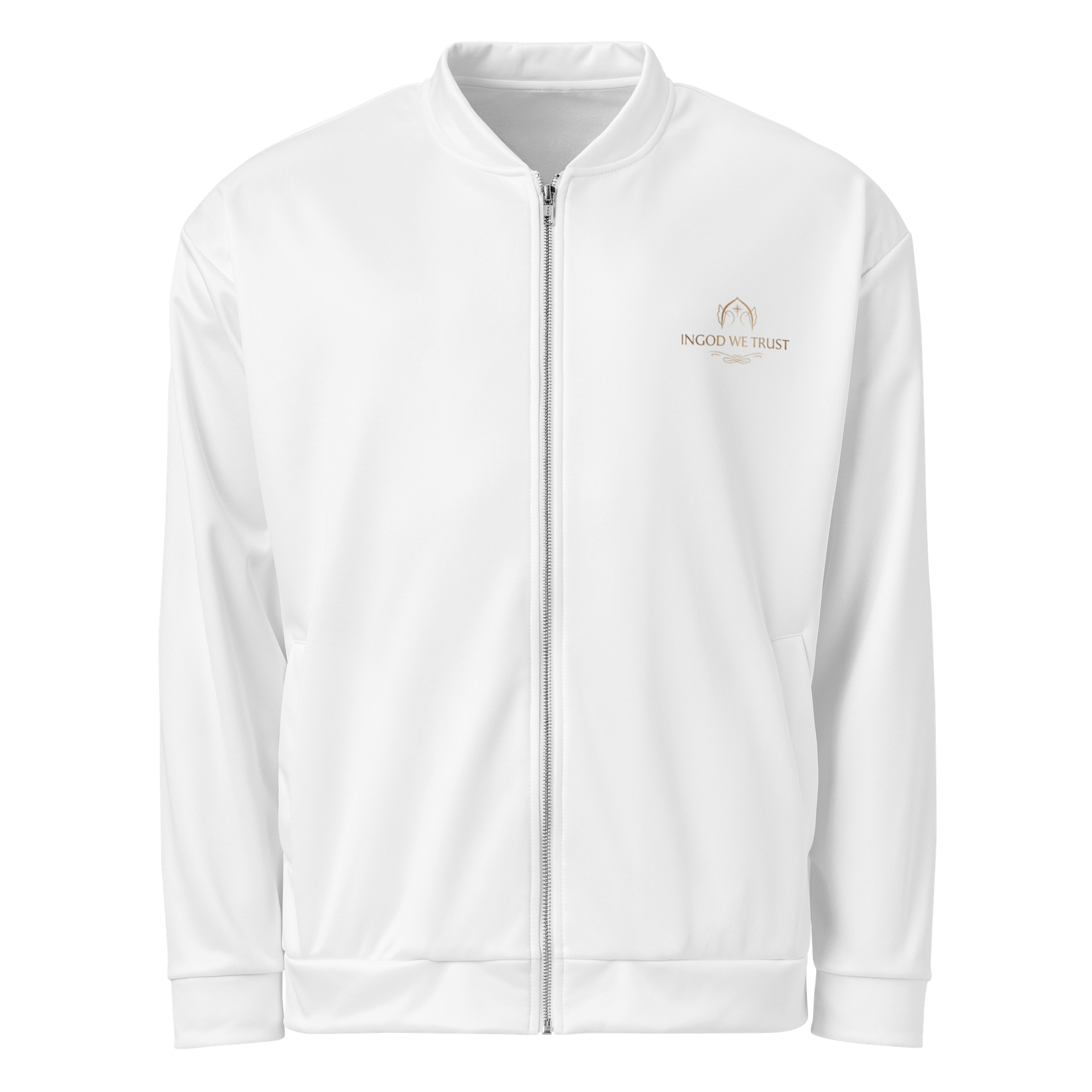 "Quiet Assurance" Bomber Jacket – Minimalist White Jacket with Embossed Faith Motif product image (1)