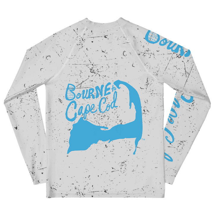 YOUTH | Rash Guard | BRN.2C.C.™ Front Graphic | BOURNE to Cape Cod™ Sleeve & Back Logo | Coastal Swim Shirt for Kids | UV Protection Activewear | Blue Logo on Distressed White product image (2)