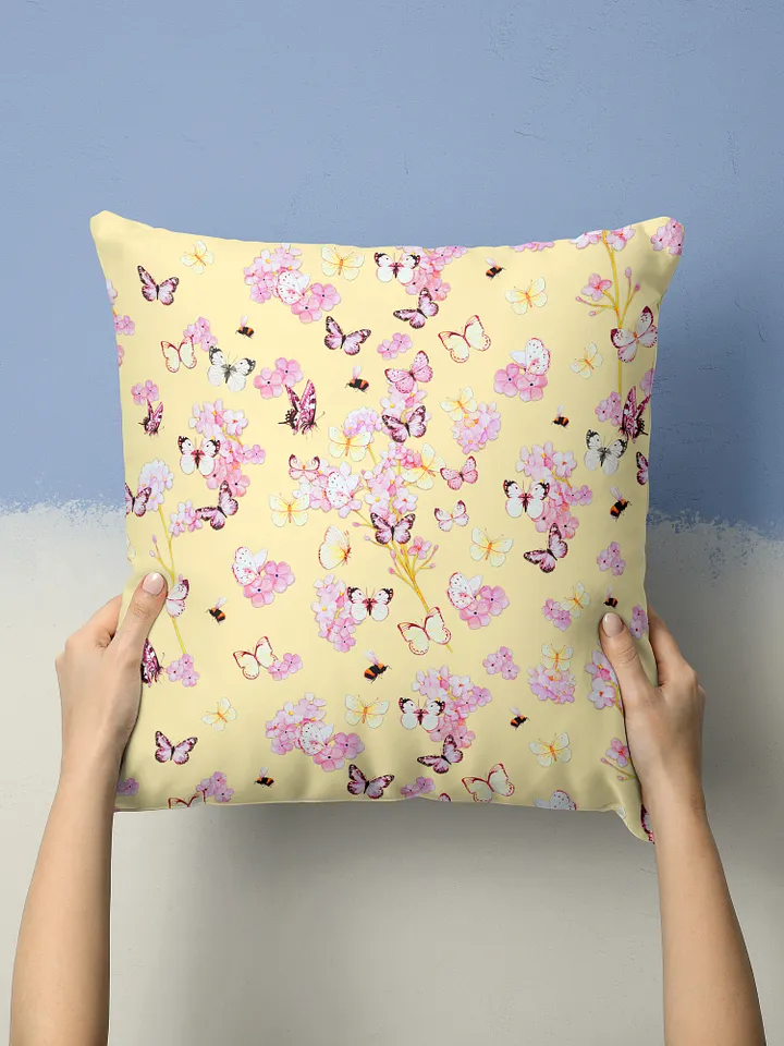 PINK BUTTERFLY GARDEN ON YELLOW SUMMER PILLOW product image (1)