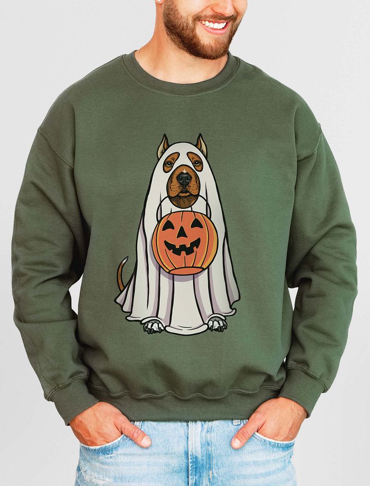 Funny Halloween Pitbull Terrier(Cropped Ears, Red) Sweatshirt | Funny Pittie Wearing a Ghost Costume and Holding a Pumpkin Basket product image (15)