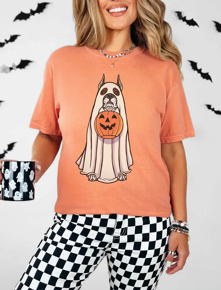 Funny Halloween Boxer Dog(Cropped Ears, Brindle) T-Shirt | Funny Boxer Wearing a Ghost Costume and Holding a Pumpkin Basket product image (20)