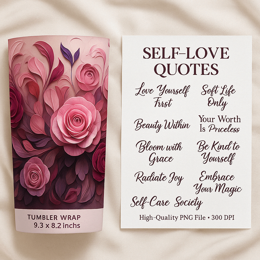 Self-Love PNG Bundle | Pink Rose Tumbler Wrap + Printable Quotes | 20oz Skinny Sublimation + Affirmation Sheet product image (1)