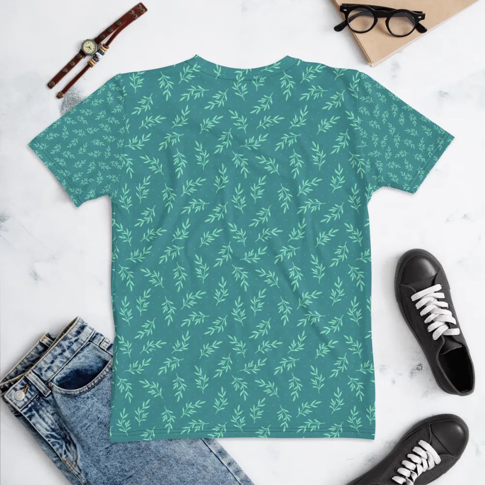 Ladies T shirt all over print teal color  leafy design  giving a fresh healthy feel. product image (5)