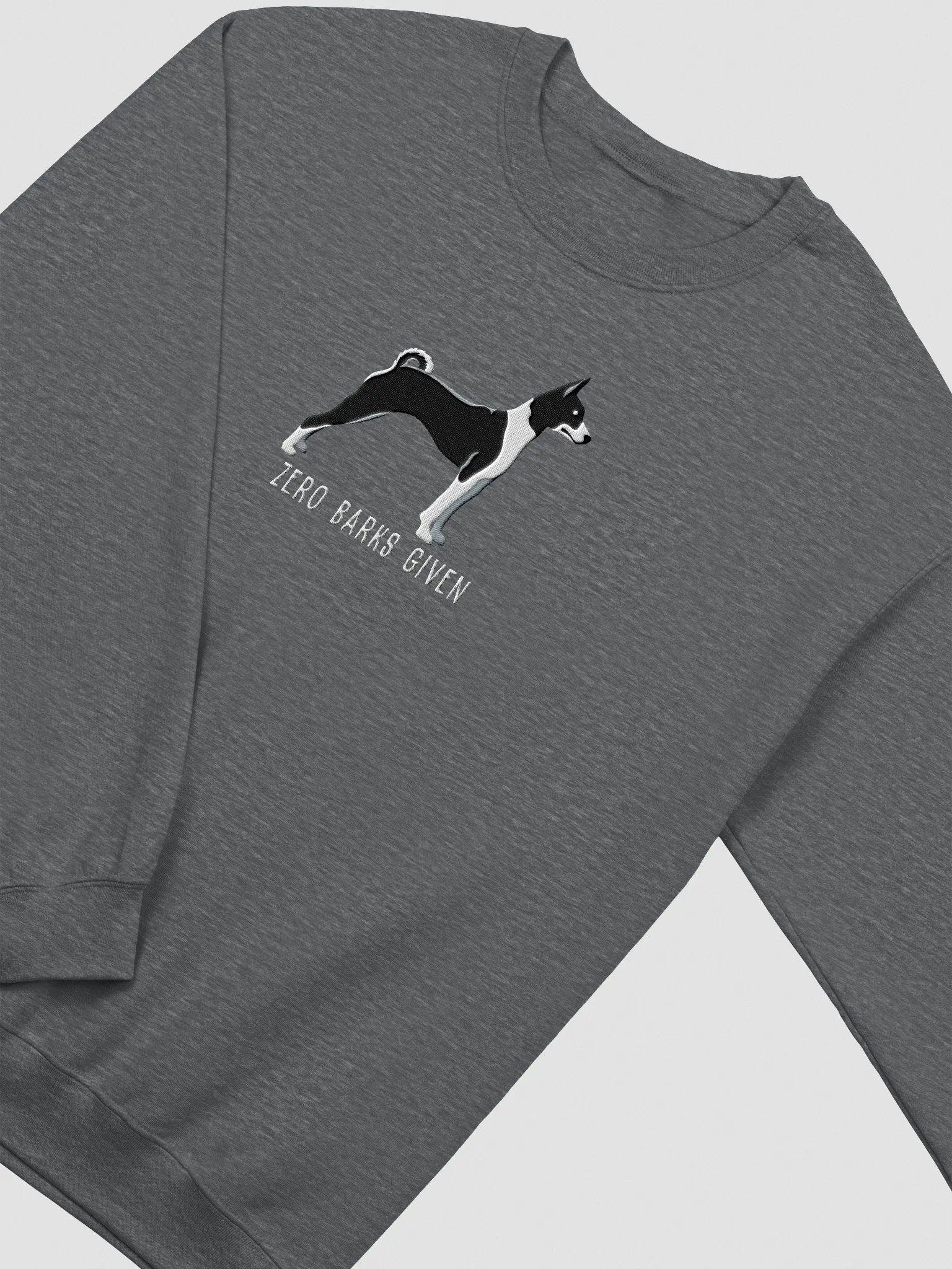 Zero Barks Given Sweatshirt (Embroidered) of a Basenji(Black & White) product image (6)
